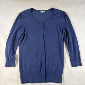 Halogen Cardigan Sweater Womens Medium M Blue Button Up Round Neck Soft Knit